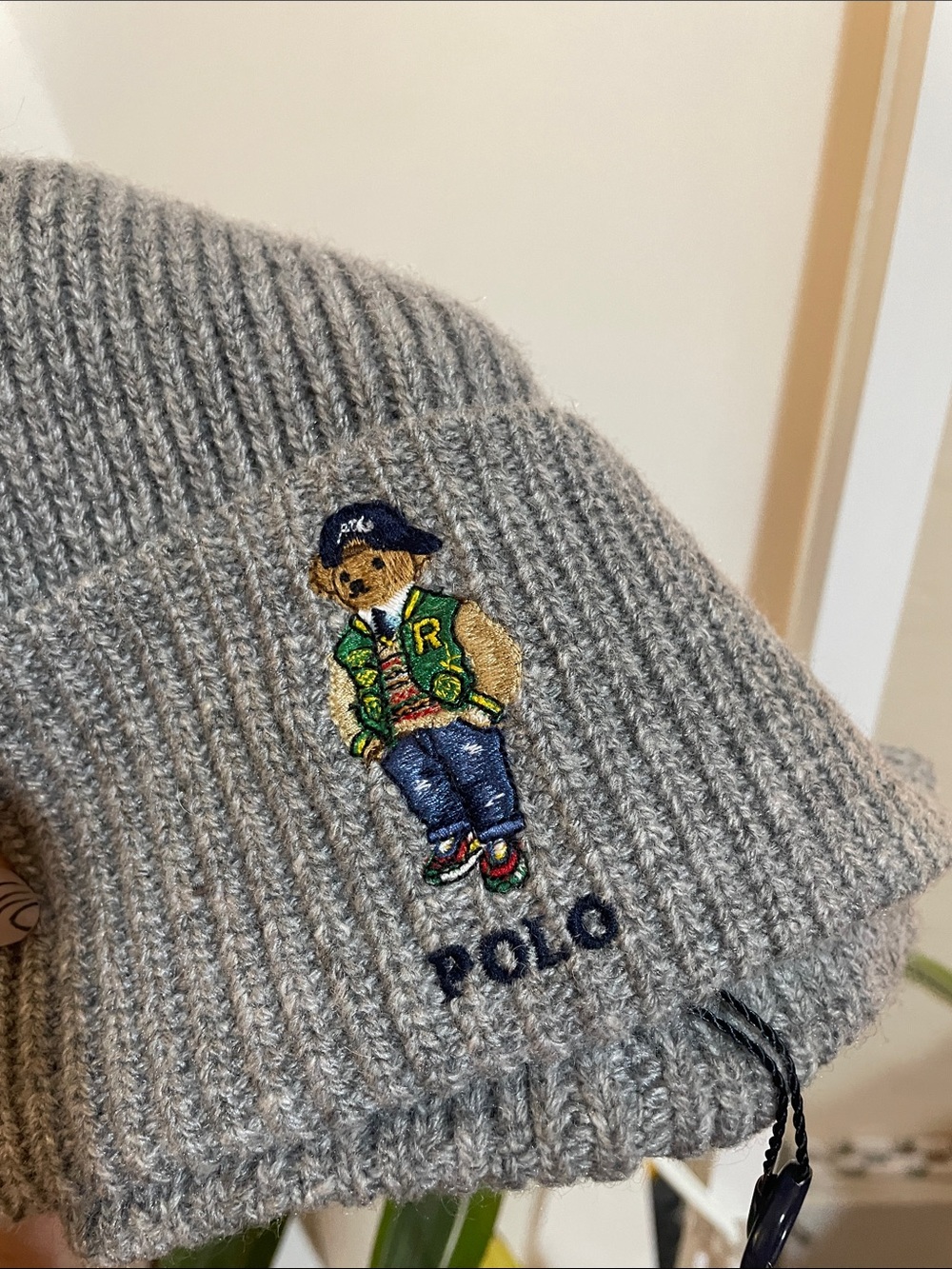 Polo by Ralph Lauren Gray Ribbed Knit Beanie with Embroidered Bear - Picture 2 of 4